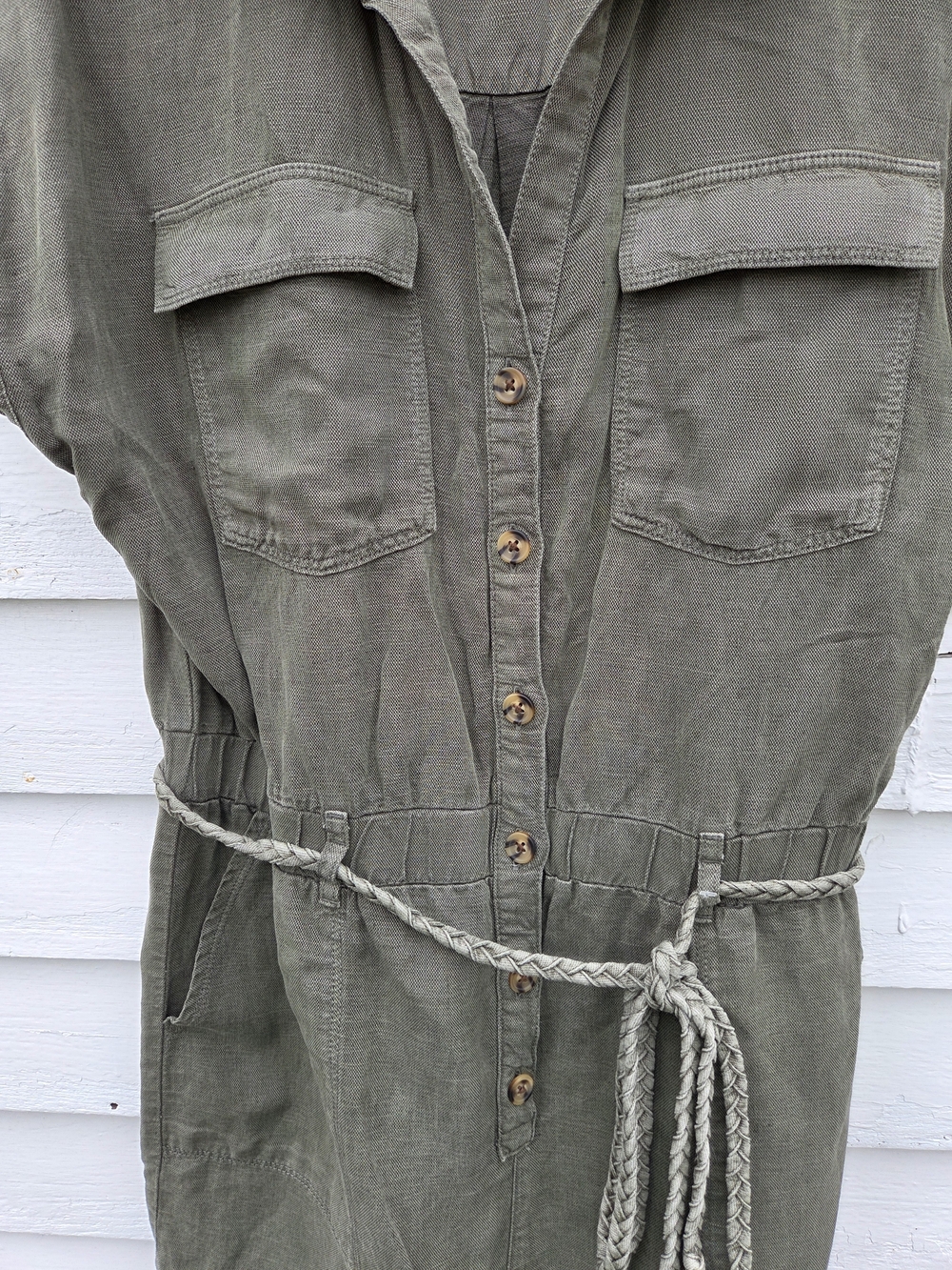 Nicole Miller Olive Green Button-Front Utility Playsuit with Braided Tie